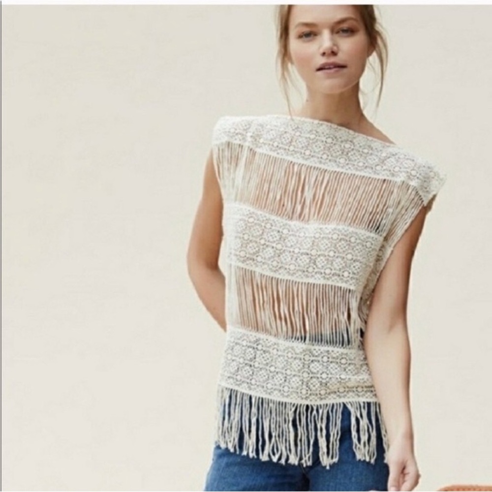 Anthropologie Cream Lace Fringe Top